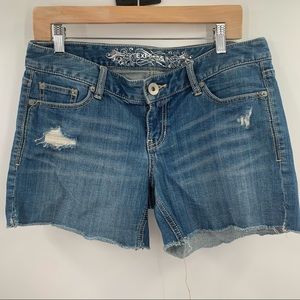 Express medium wash jean shorts